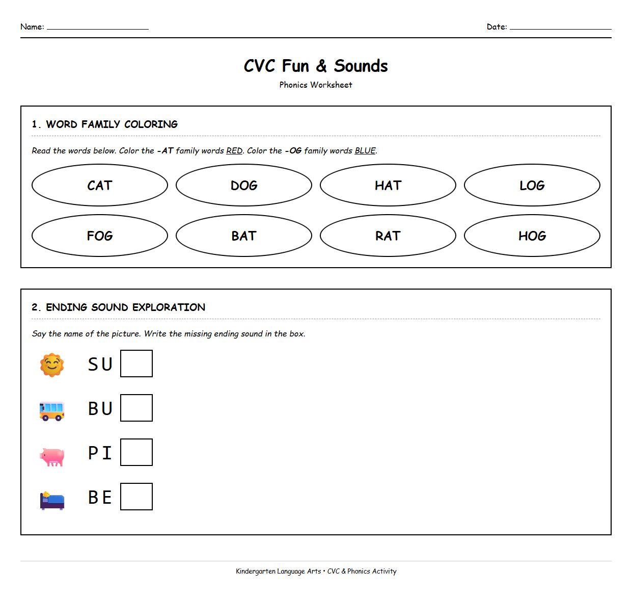 Kindergarten CVC Word Family Phonics Coloring Worksheet with Ending Sound Exploration