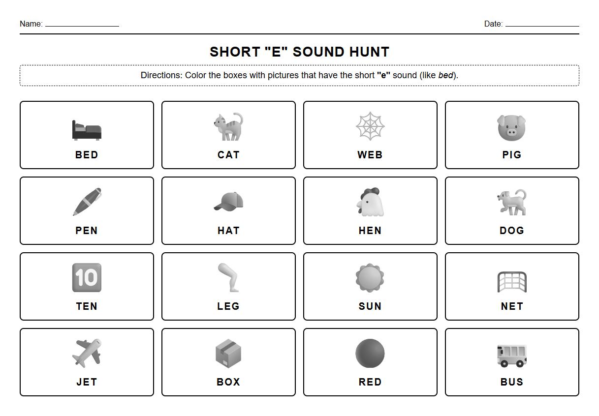 Kindergarten CVC Word Family Phonics Coloring Worksheet for Short E Sound Recognition