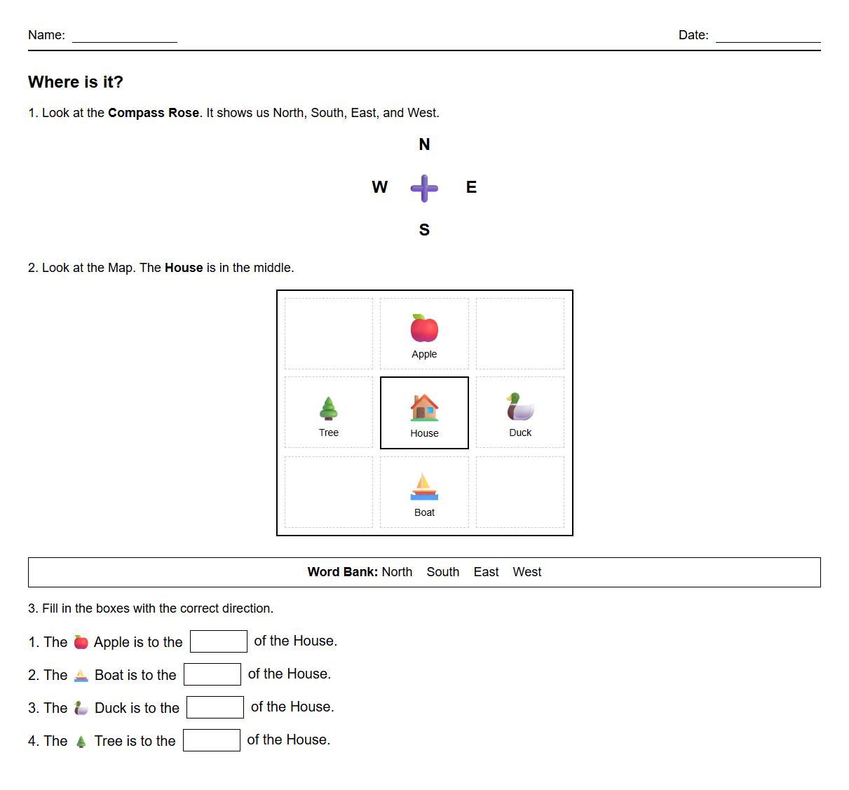 Kindergarten Geography Worksheet with Compass Rose and Direction Recognition