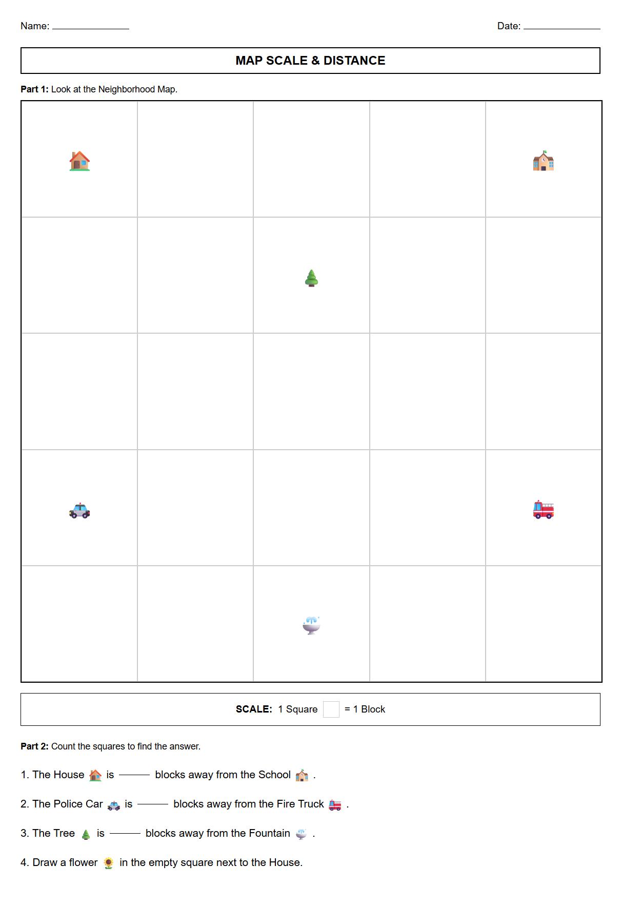 Kindergarten Geography Worksheet with Map Scale and Distance Estimation
