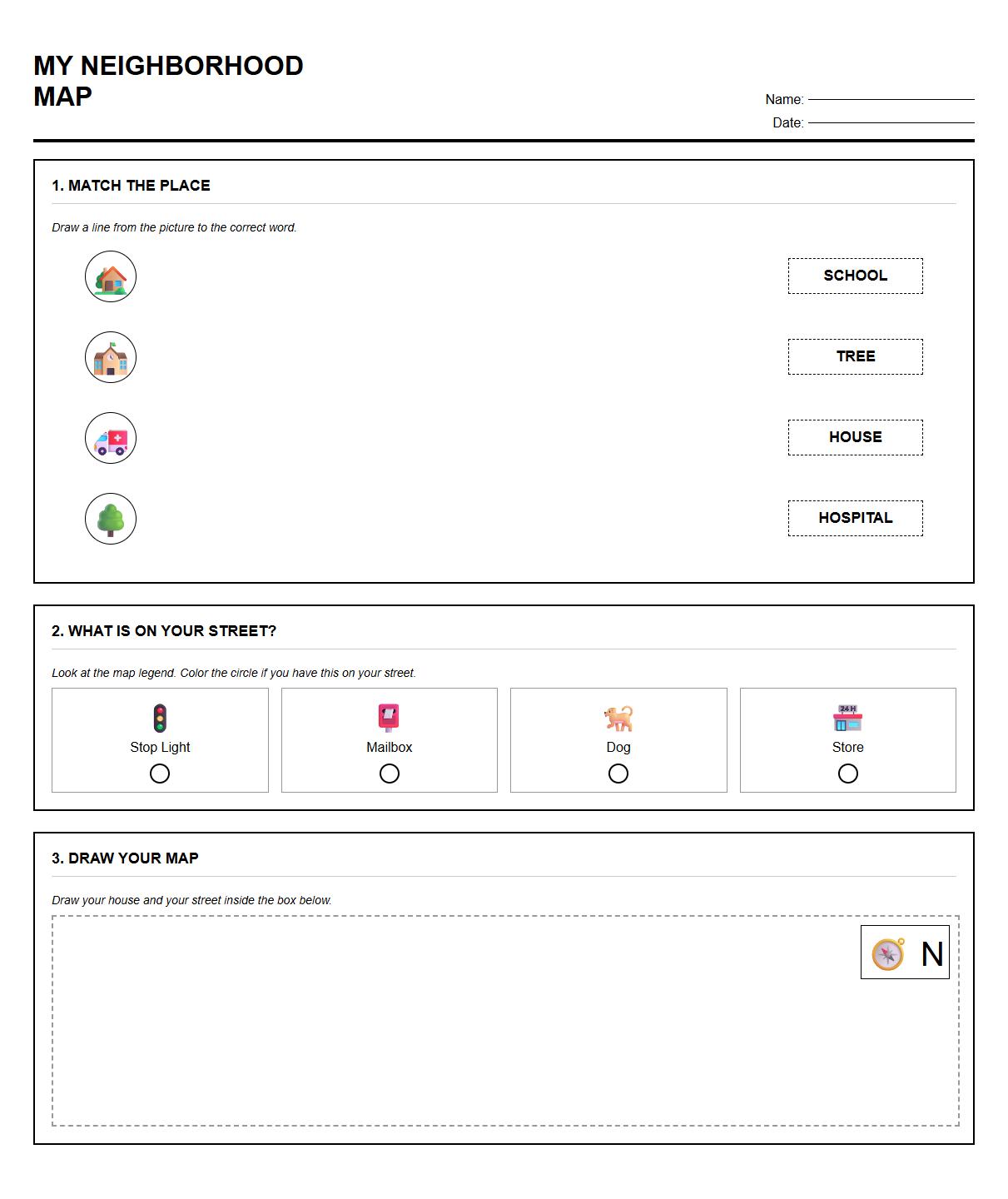Kindergarten Geography Worksheet for Street and Neighborhood Mapping Skills