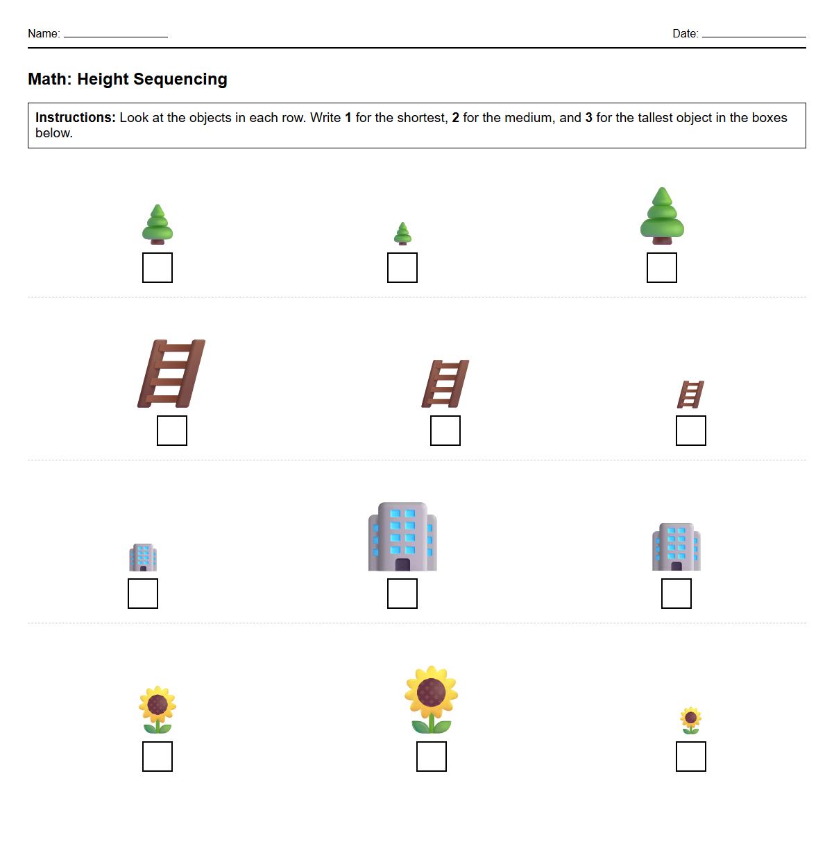 Kindergarten Height Sequencing Worksheet Featuring Everyday Objects