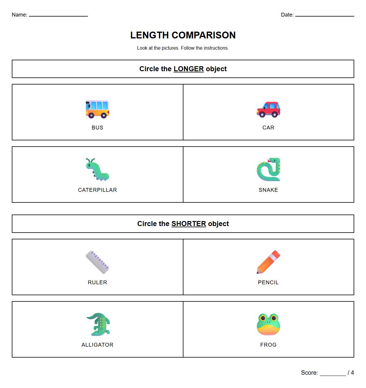 Kindergarten Length Comparison Worksheet using Real Object Pictures