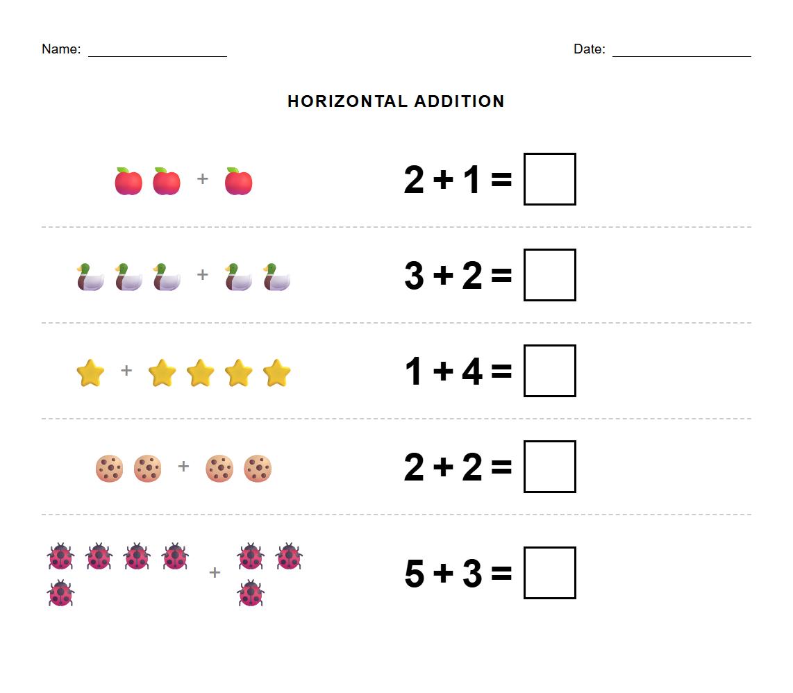 Kindergarten Math Sheet with Horizontal Addition Sentences