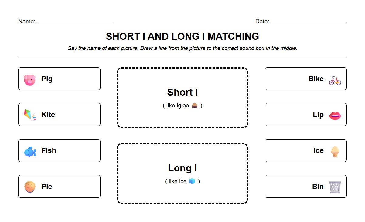 Kindergarten Phonics Worksheet for Matching Words with Short and Long I Sounds