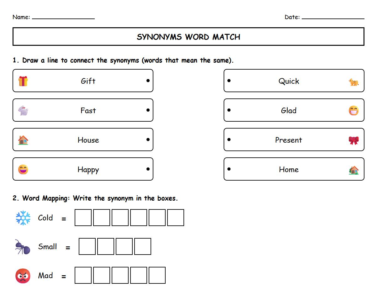 Kindergarten Phonics Worksheets: Synonyms Word Mapping
