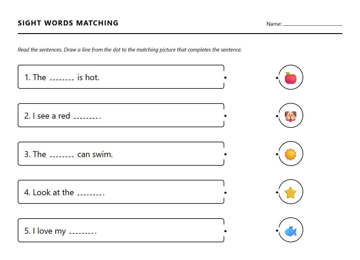 Kindergarten Sight Words Sentence Completion Matching