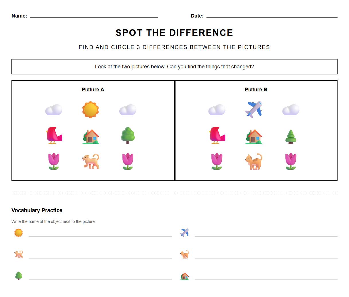 Kindergarten Spot the Difference Worksheet for Vocabulary Development and Language Skills