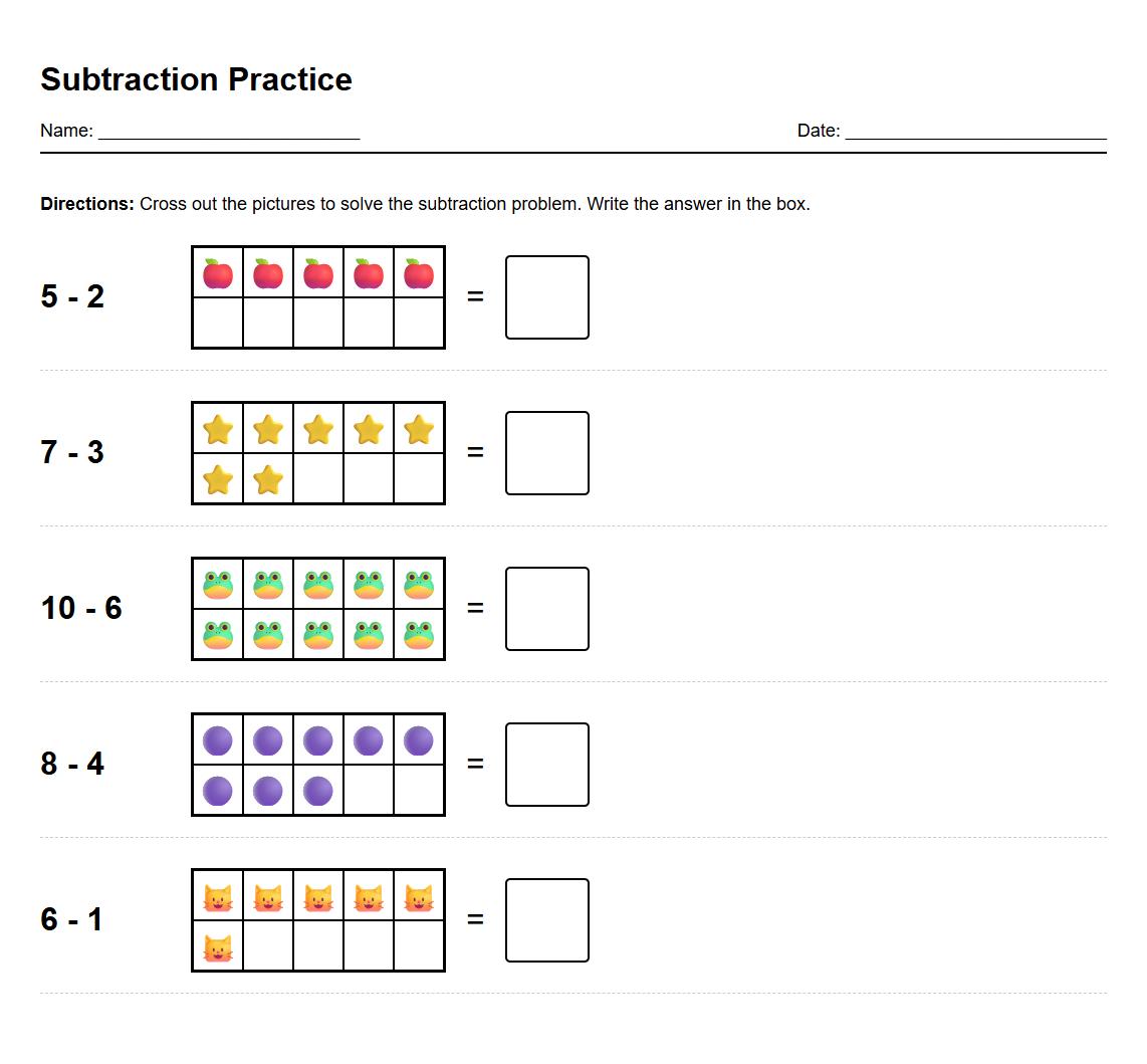 Kindergarten Subtraction Practice Using Ten Frames