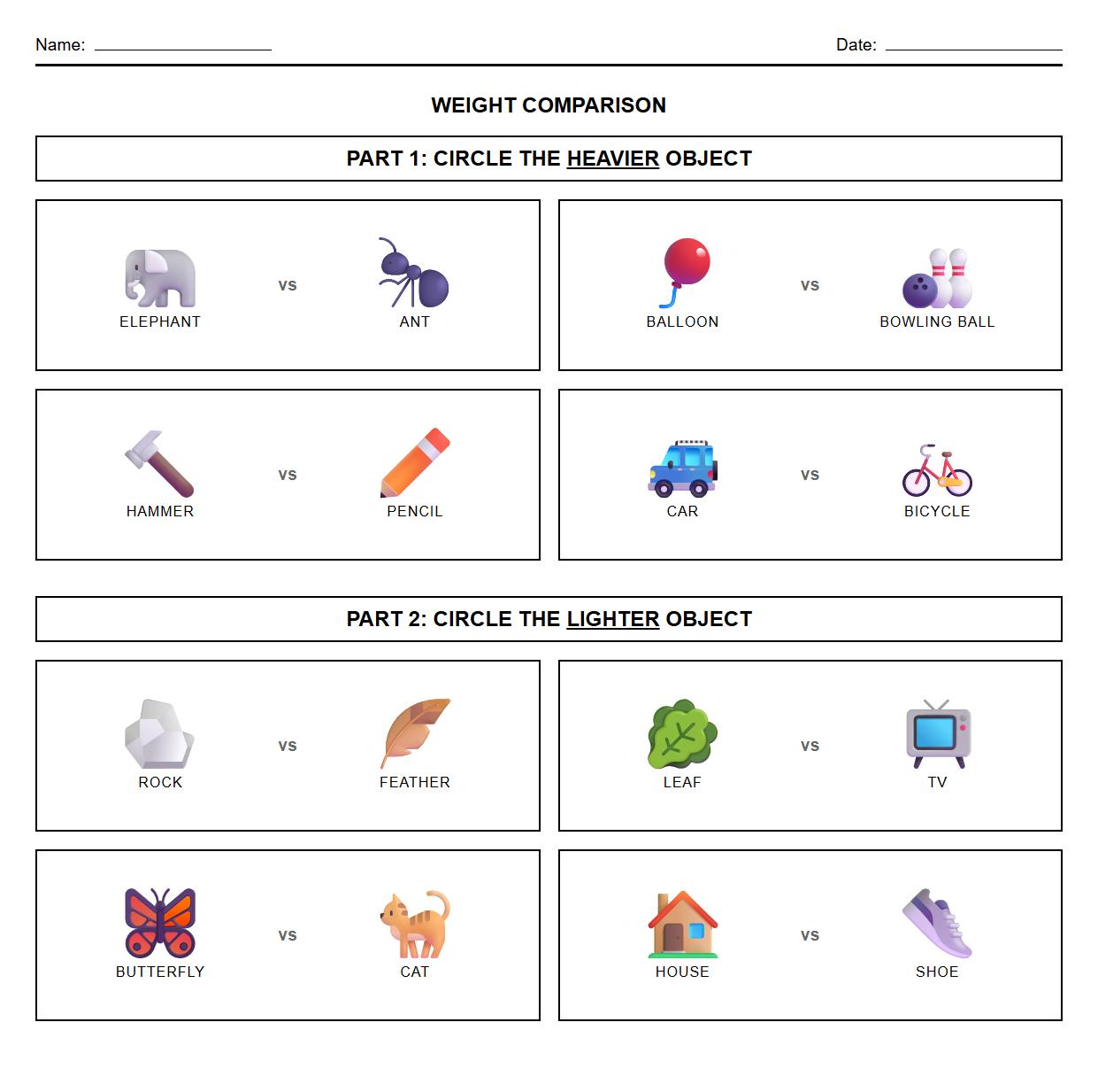 Kindergarten Weight Comparison Worksheet with Real Life Objects