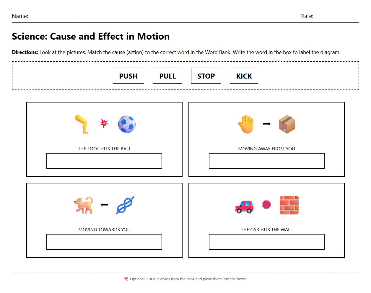 Label the Diagram Worksheet for Cause and Effect in Motion