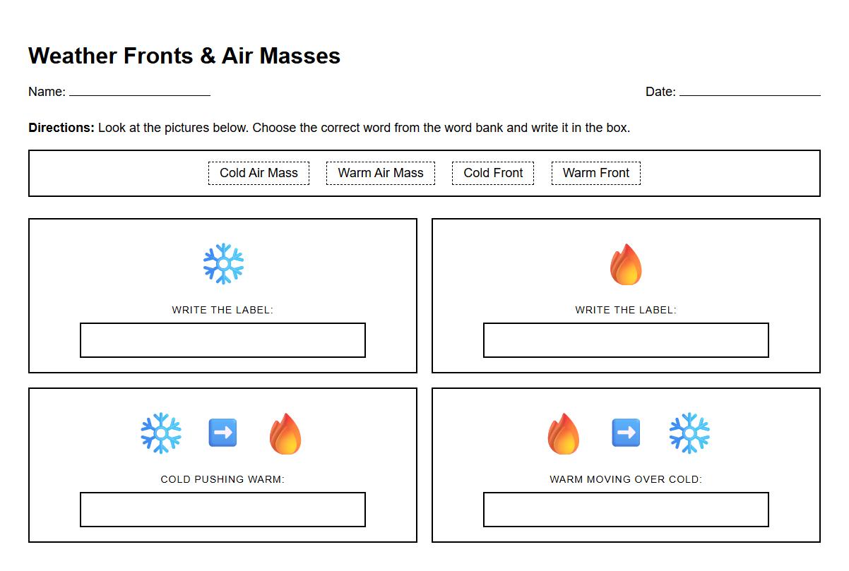 Label the Weather Fronts and Air Masses Diagram Worksheet