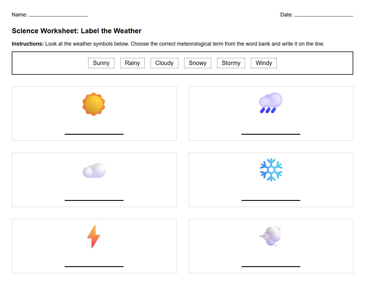 Label the Weather Symbols Worksheet with Meteorological Terms