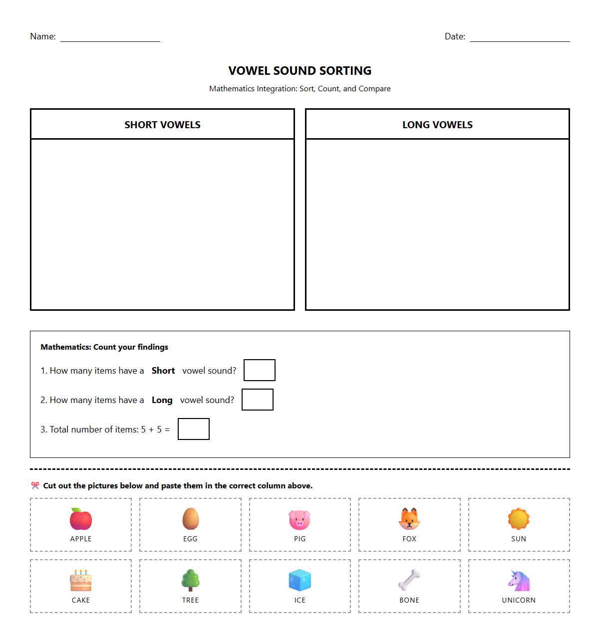 Long and Short Vowel Sound Sorting Worksheet