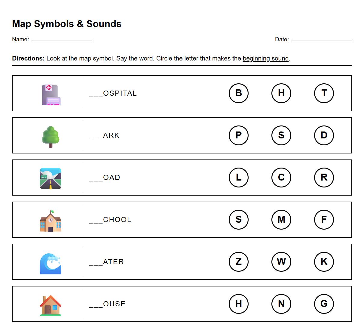 Map Symbols Identification Phonics Worksheet