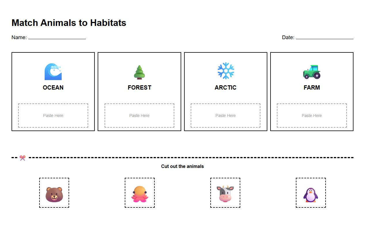 Match Animals to Habitats Cut and Paste Activity