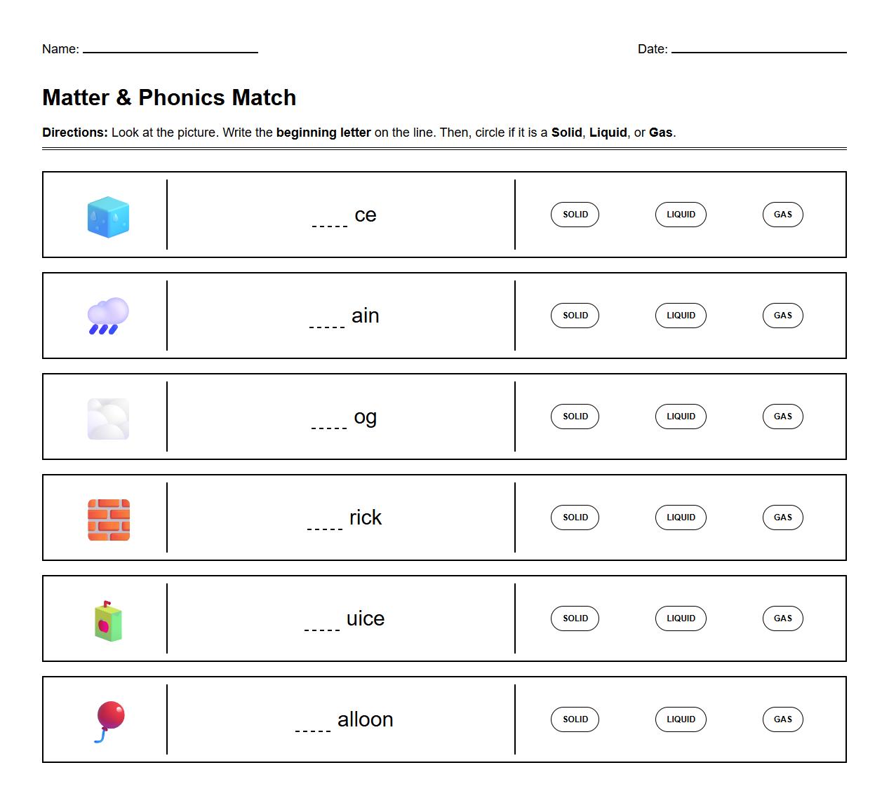 Matching Pictures to Phonics in Matter States Activity