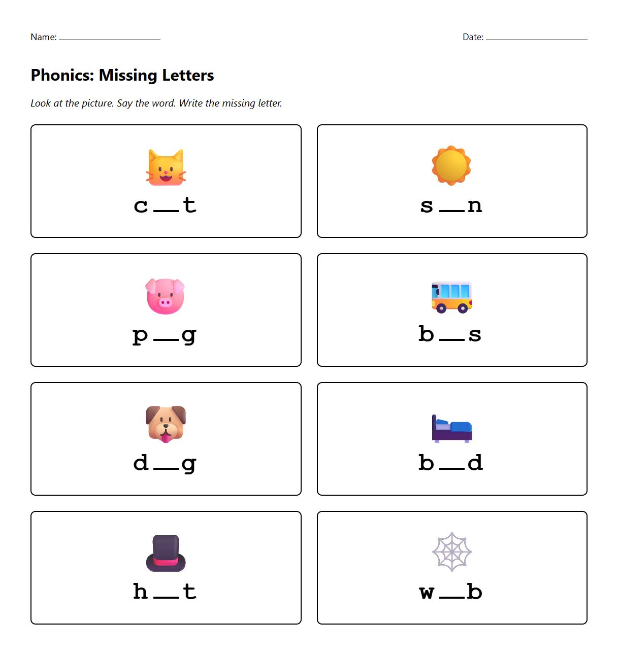 Missing letter phonics worksheet focusing on blending and segmentation