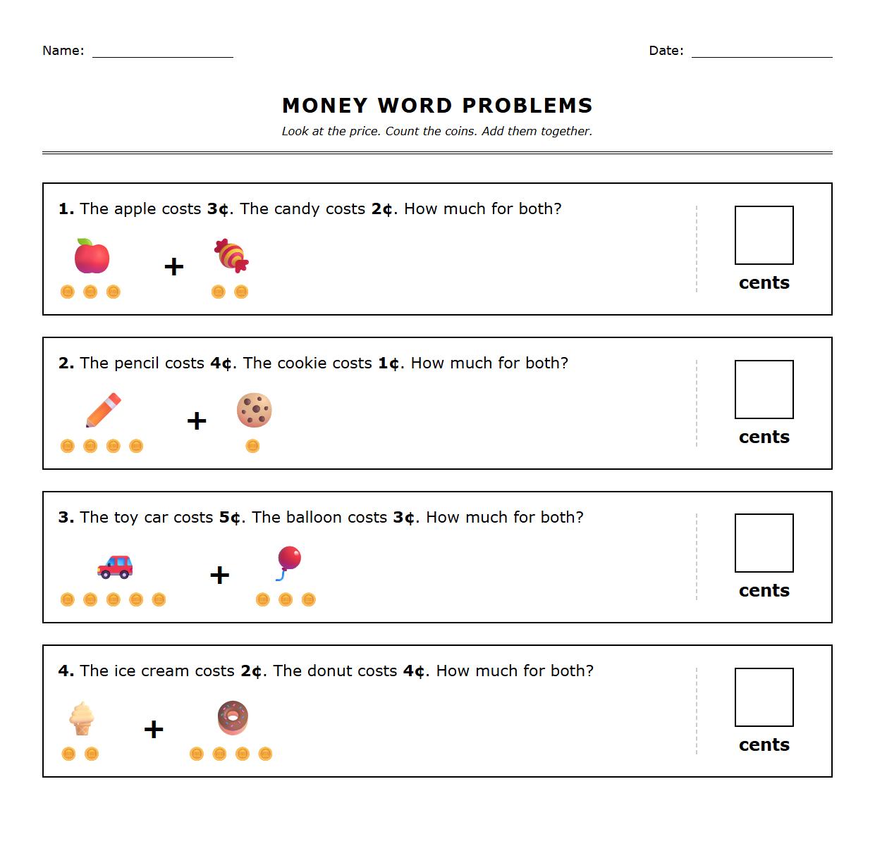 Money Word Problems with Visual Cues Worksheet
