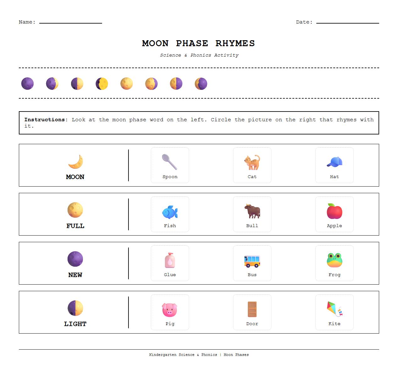 Moon Phases Rhyming Words Phonics Worksheet