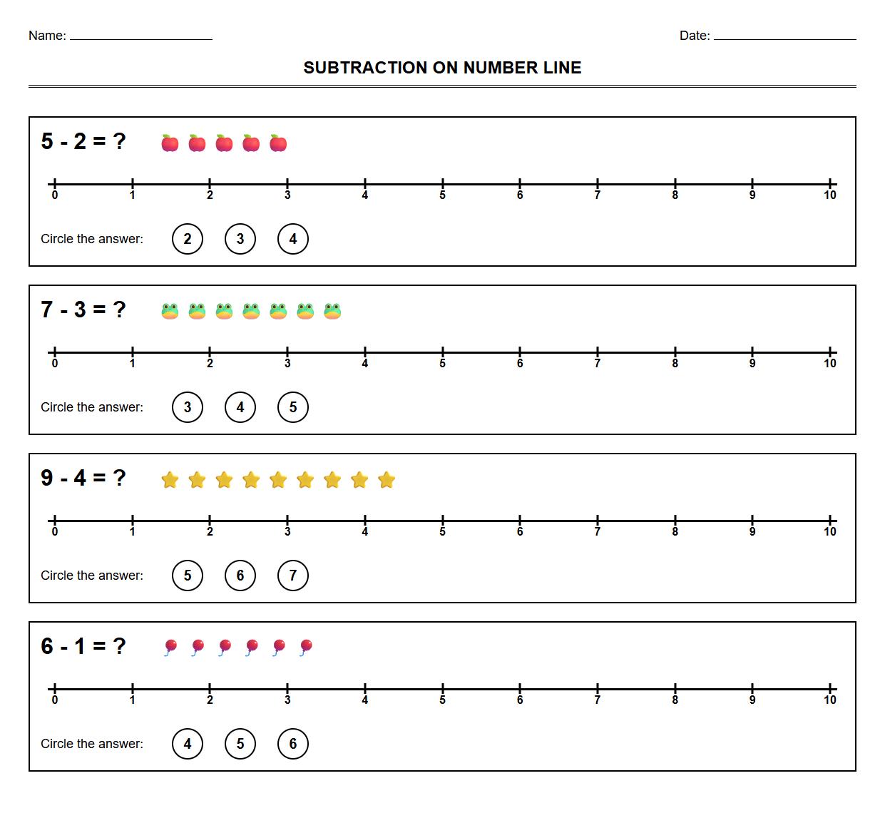 Multiple Choice Subtraction on Number Line Worksheet