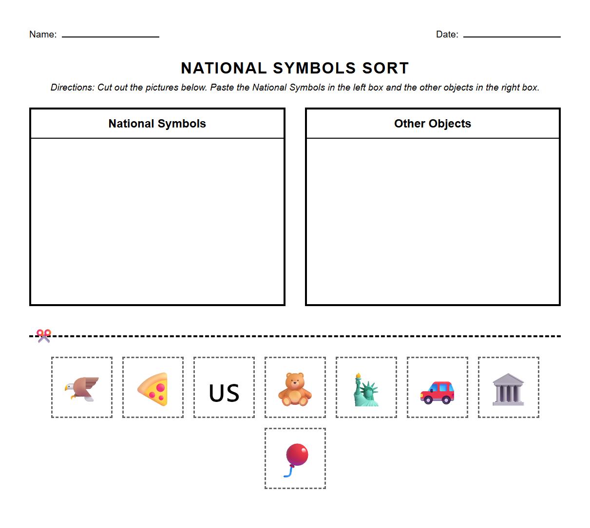 National Symbols Categorization Cut and Paste Task