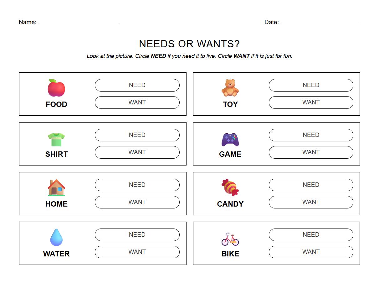 Needs or Wants Word Recognition Worksheet