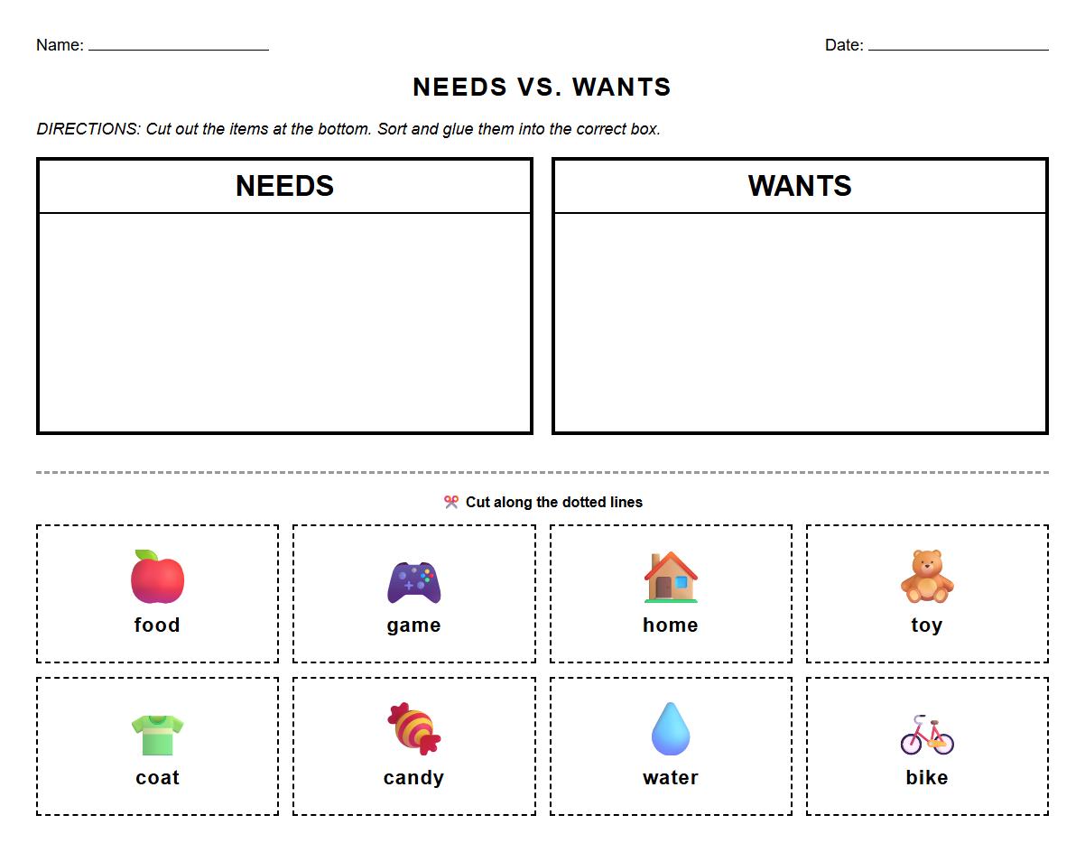 Needs vs Wants Sort and Match Activity with Phonics Words