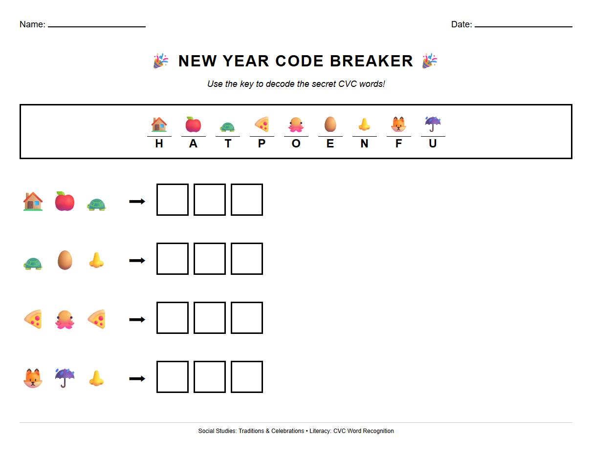 New Year Decoding CVC Words Worksheet