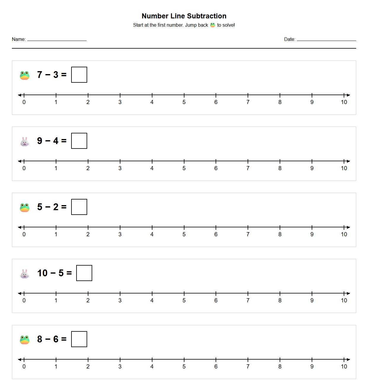 Number Line Jump Back Subtraction Practice Sheet