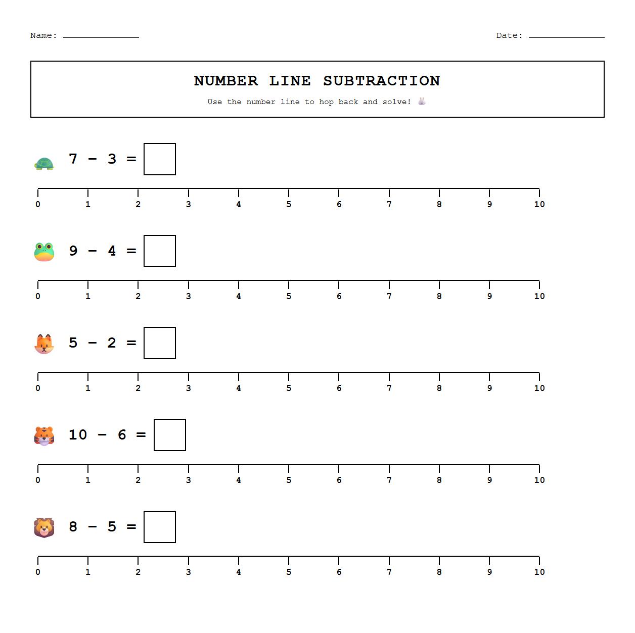 Number Line Subtraction Worksheet for Kindergarten