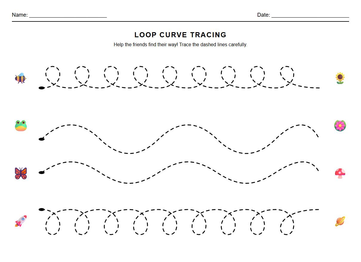 Occupational Therapy Worksheet: Loop Curve Tracing for Bilateral Coordination
