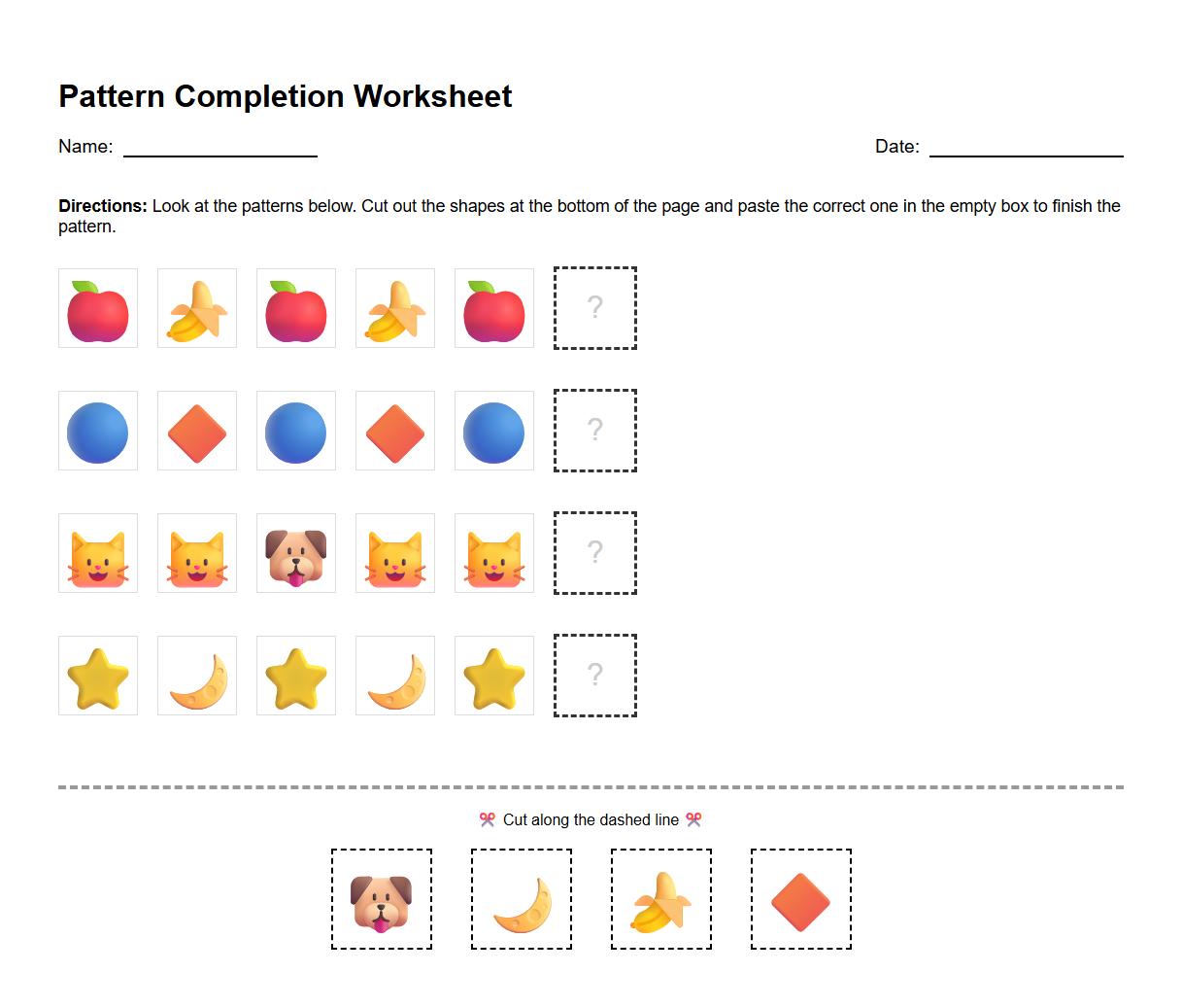 Pattern Completion with Color and Shape Cues Worksheet