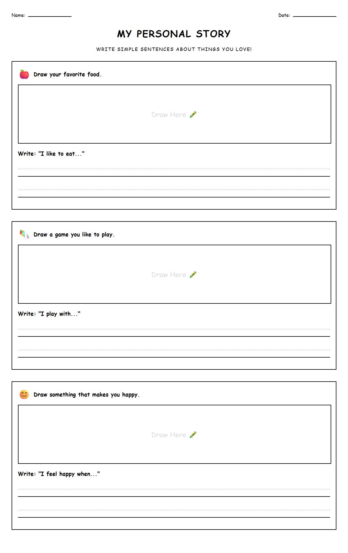 Personal Experience Writing Worksheet using Simple Sentences