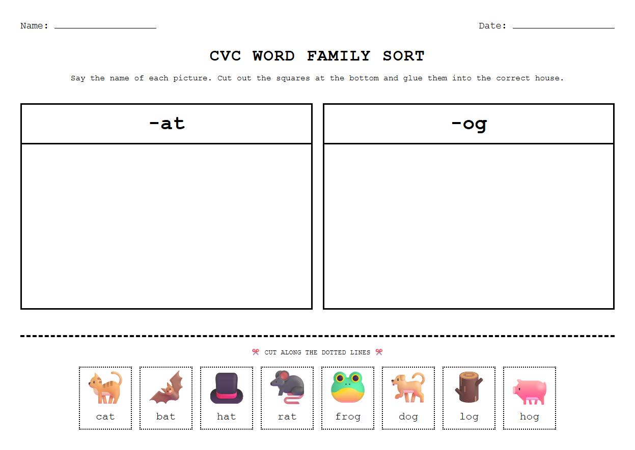 Phonemic Awareness CVC Word Family Sorting Worksheet