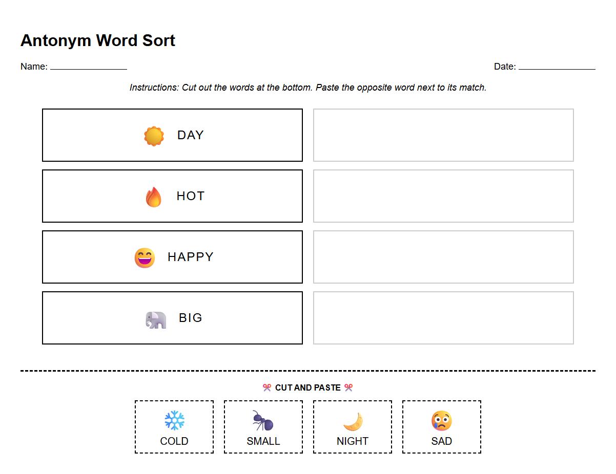 Phonics Antonym Word Sort