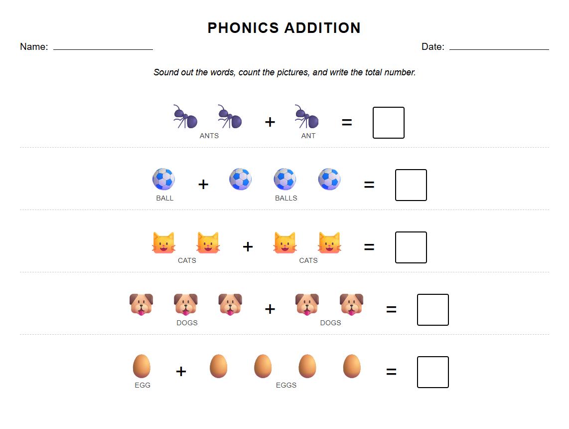 Phonics Based Picture Addition Worksheet for Kindergarten
