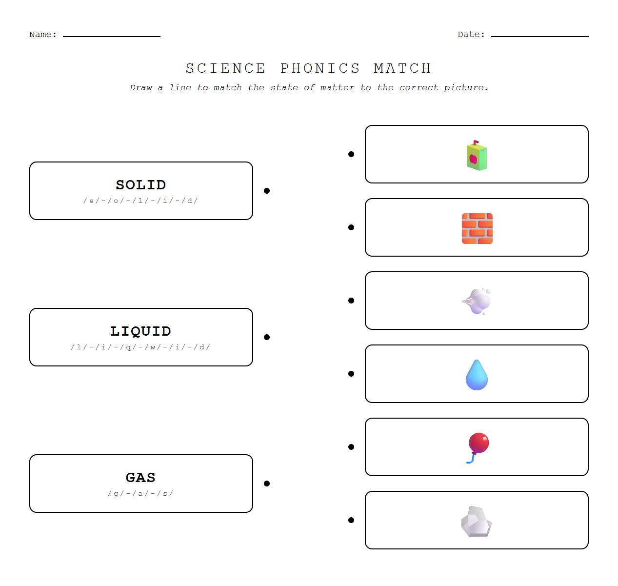 Phonics-based worksheet matching solids liquids gases to their real-world examples