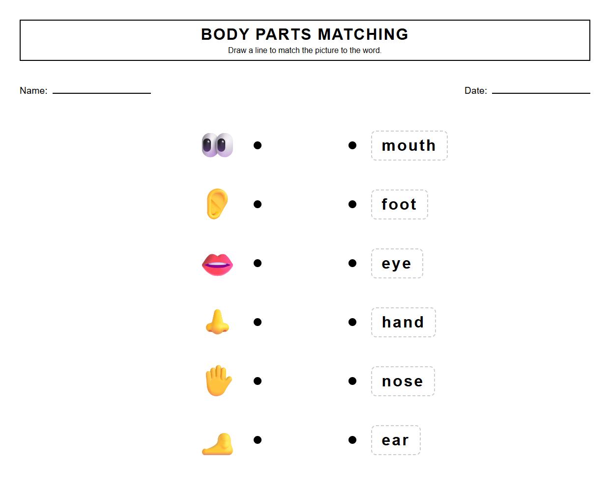 Phonics Matching Human Body Parts Worksheet