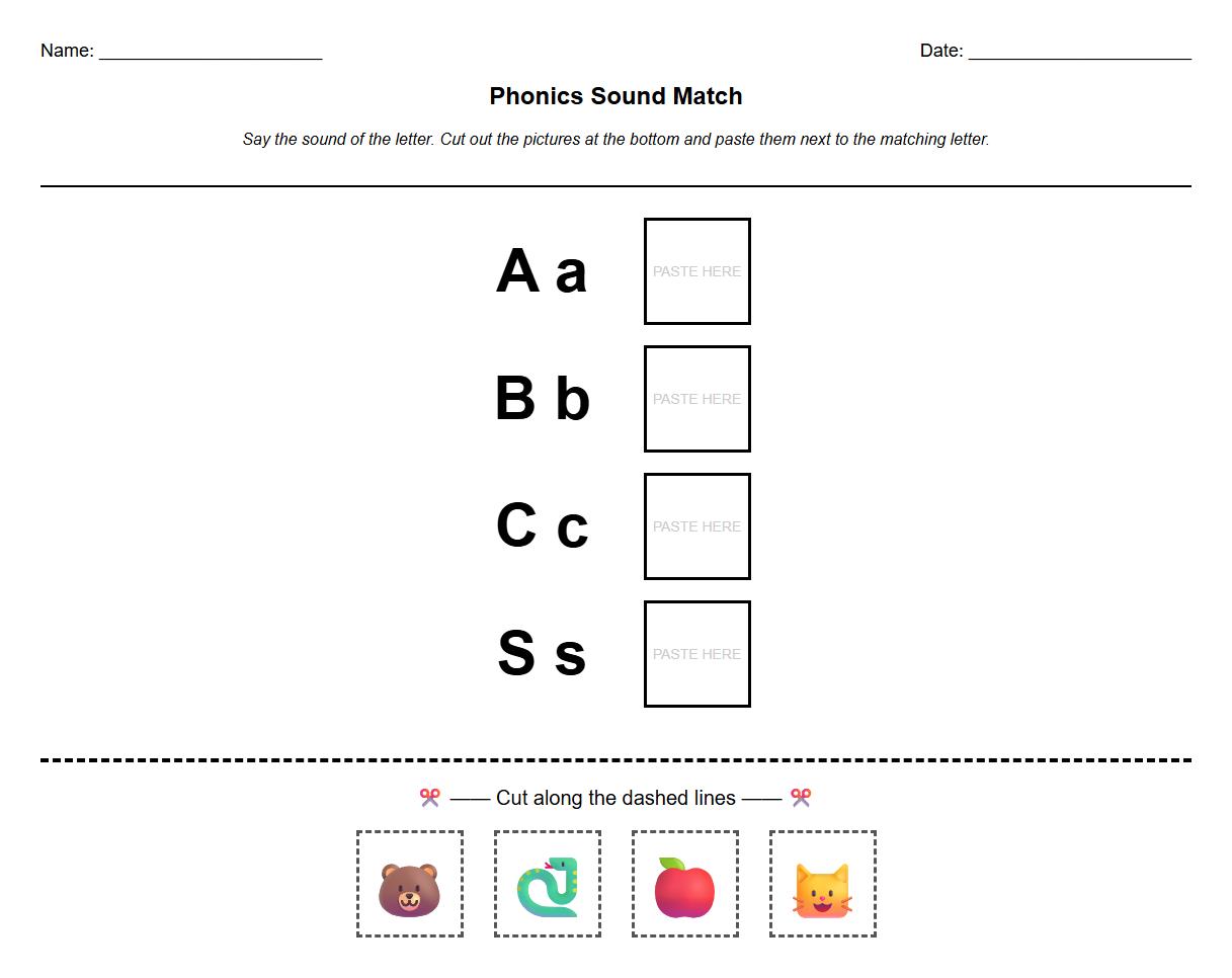 Phonics Matching Sound Cut and Paste Worksheet for Kindergarten