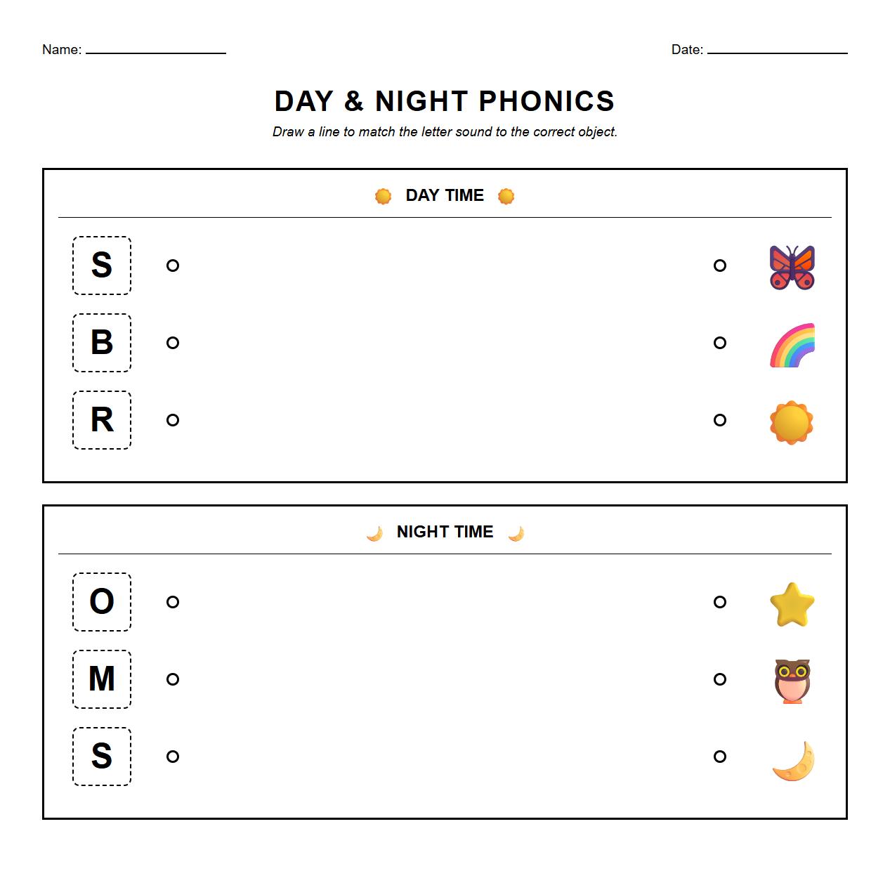 Phonics matching sounds with objects seen during day and night