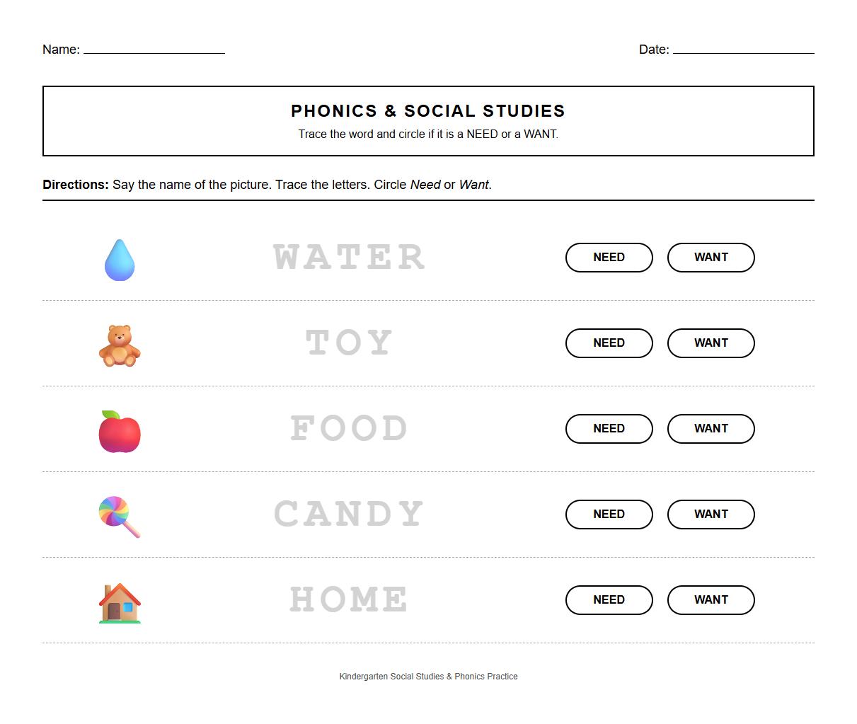 Phonics Practice Worksheet with Needs and Wants Vocabulary