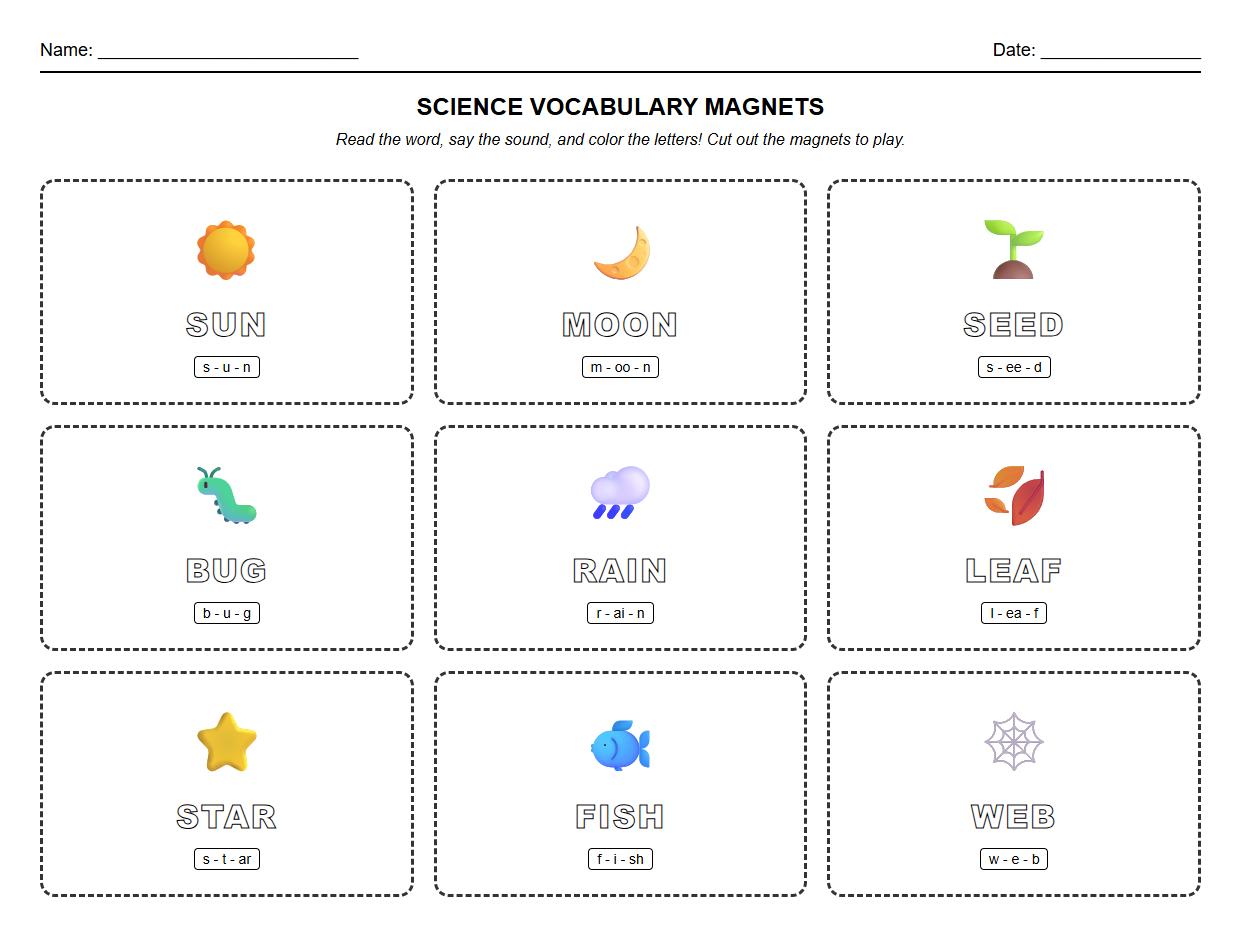 Phonics and Science Vocabulary Magnet Words Coloring Sheet