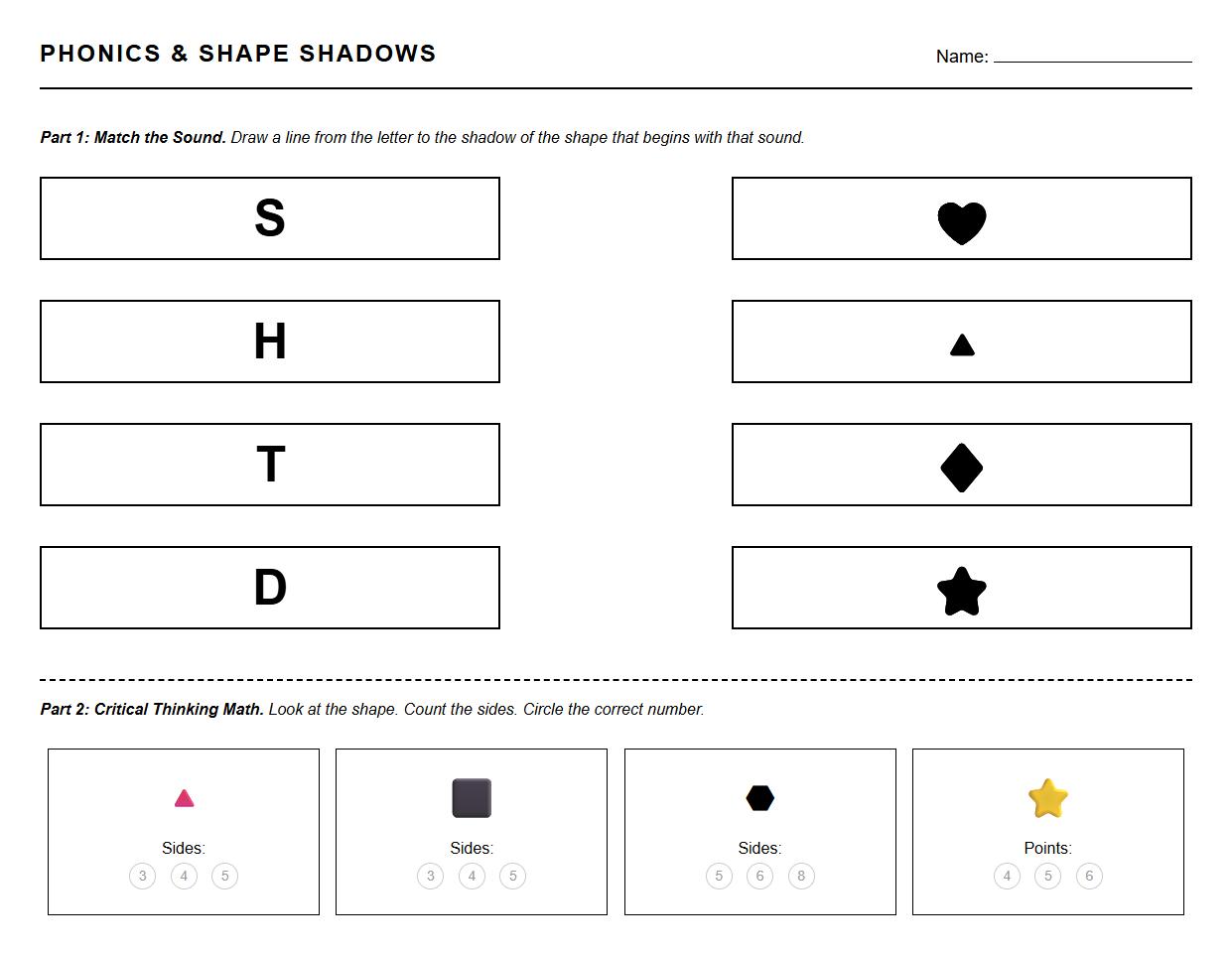 Phonics and Shape Shadows Combined Critical Thinking Sheet