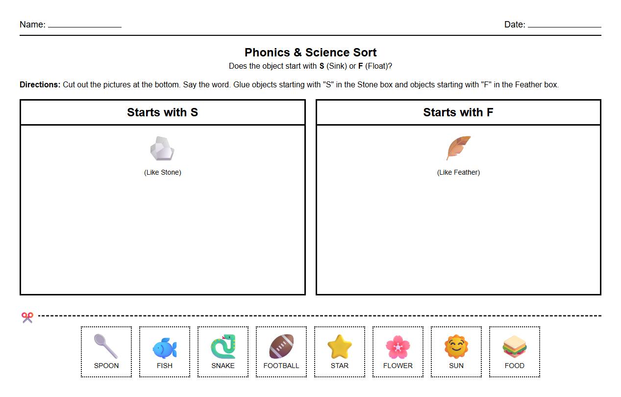 Phonics Sound Sorting with Sink or Float Objects Worksheet