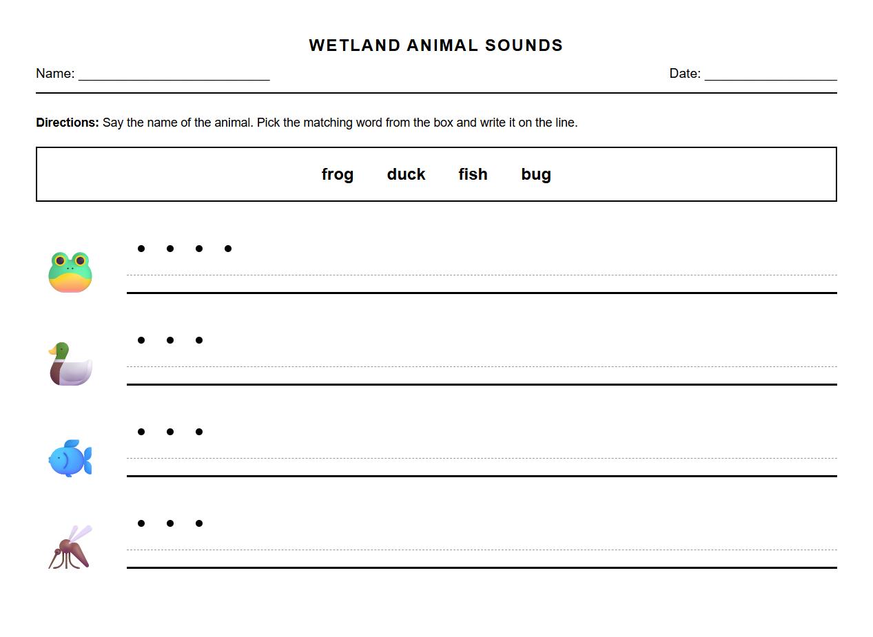 Phonics worksheet blending sounds to label animals in wetland habitats