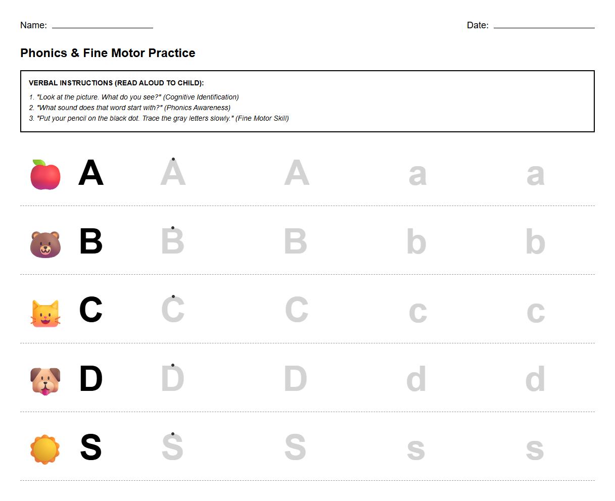 Phonics Worksheet for Tracing Letters with Verbal Instructions