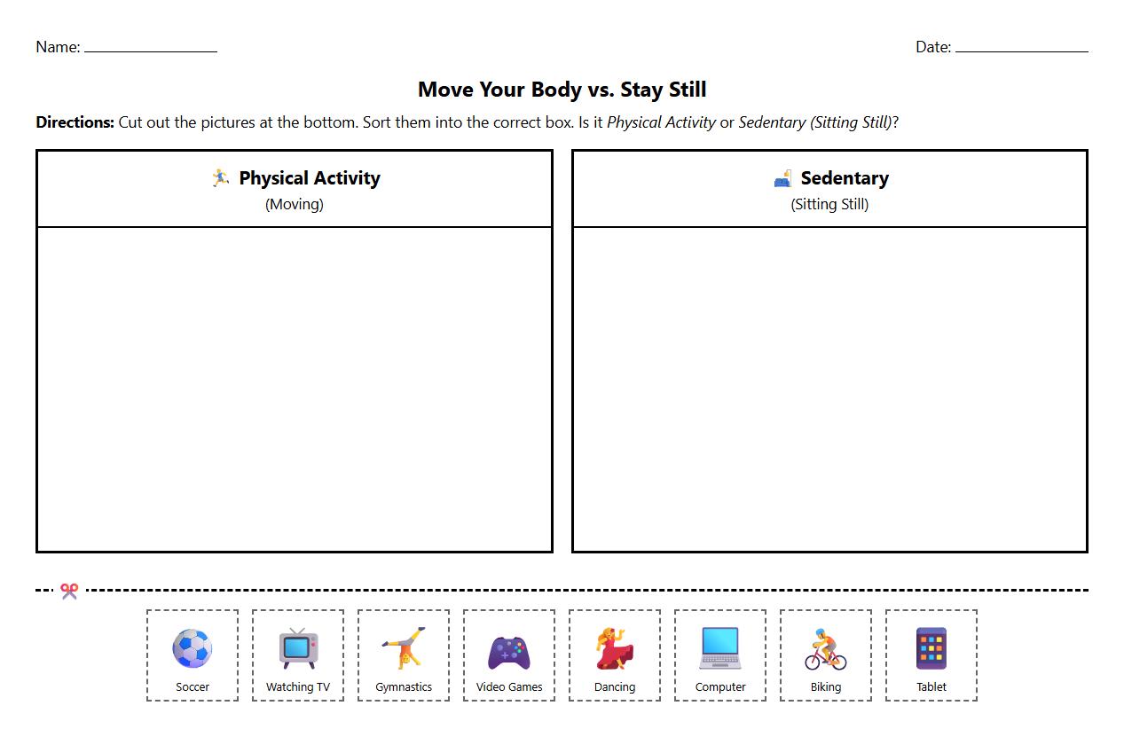 Physical Activity vs Sedentary Lifestyle Sorting Worksheet