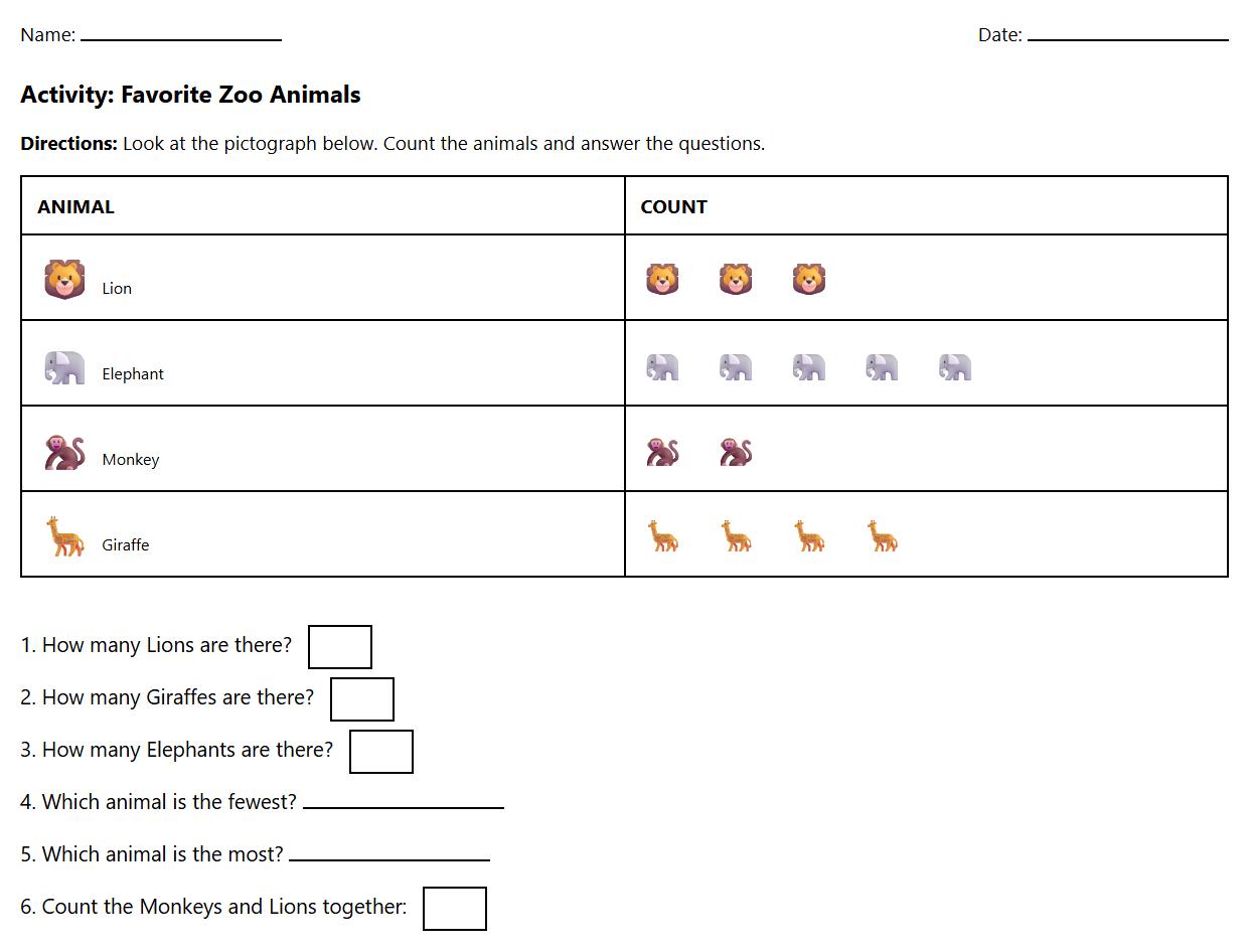 Pictograph Worksheets for Early Data Interpretation