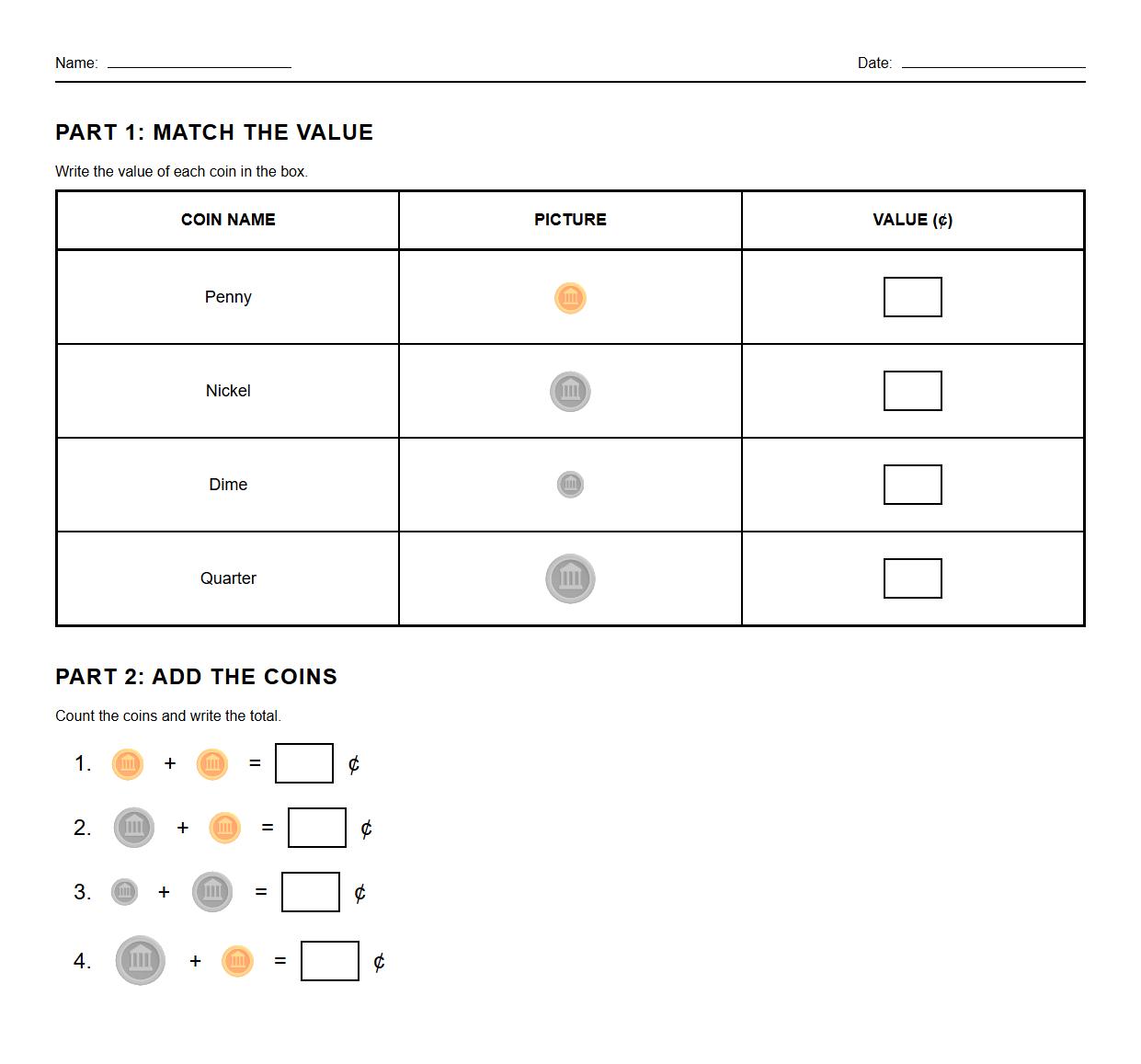 Picture-based Coin Recognition Activity Sheet